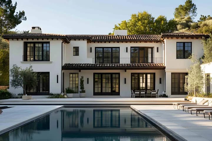 Grande villa in stile mediterraneo con piscina privata e lettini prendisole