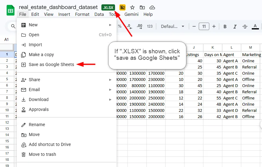 Google Sheets screenshot showing a menu option highlighted for saving an XLSX file as Google Sheets.