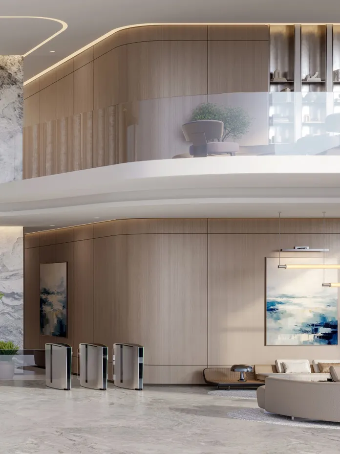 Luxurious modern hotel lobby with curved white balcony, wood-paneled walls, abstract blue artwork, seating area, and sleek turnstiles.