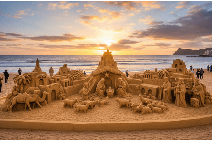 Personas visitando el Belén de Arena en las Canteras, Canarias