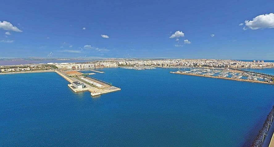 Torrevieja port and Playa de los Naufragos and Playa del Acequion and Laguna Salada in top left background.