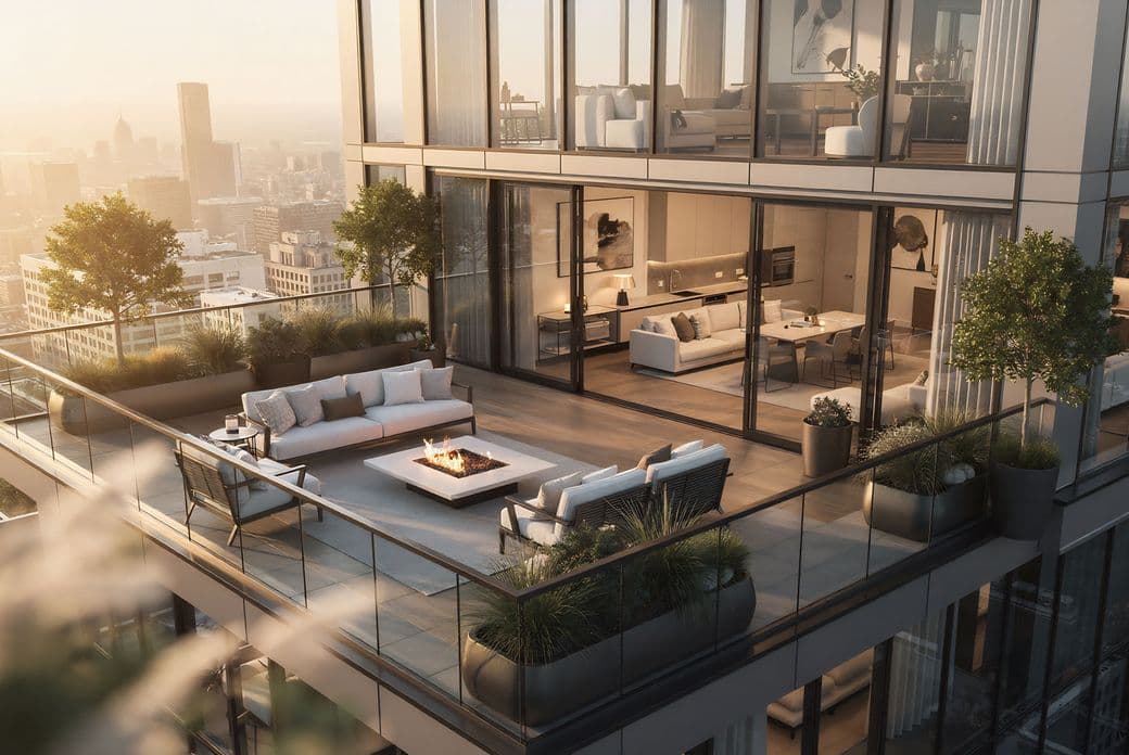 Modern high-rise with a luxurious terrace, featuring stylish outdoor seating, greenery, and a fire pit, overlooking a cityscape at sunset.