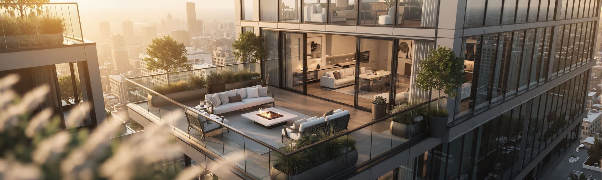 Modern high-rise with a luxurious terrace, featuring stylish outdoor seating, greenery, and a fire pit, overlooking a cityscape at sunset.